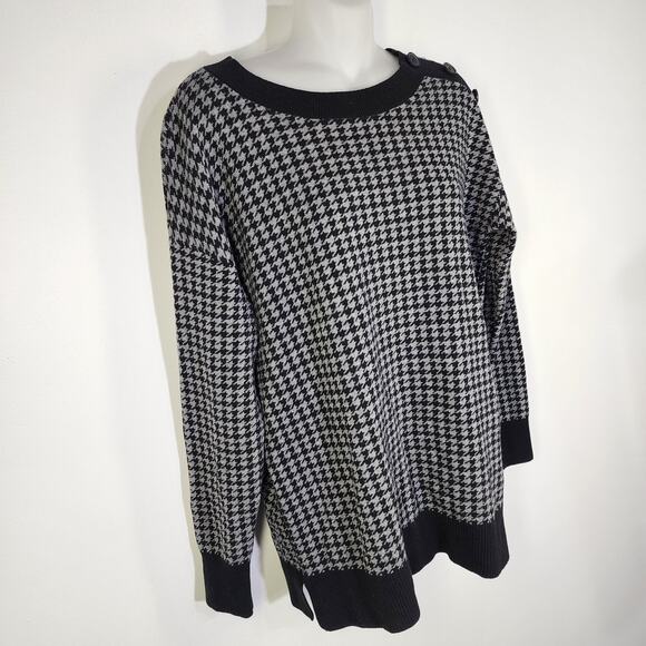 LOFT Womens Sweater Black White Houndstooth Crewneck Button Detail Cotton Medium - Picture 4 of 10